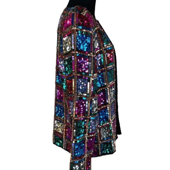 Vintage Rina Z Beaded Sequin Jacket 100% Silk Window Pane Boxy Cardigan … - Picture 4 of 14